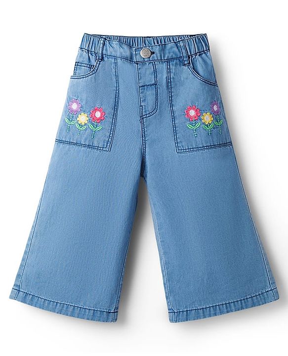 Babyhug Ankle Length Washed Denim Capri with Floral Embroidery - Blue