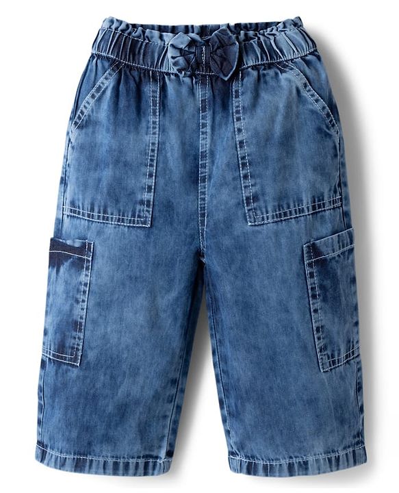 Babyhug Denim Washed Solid Ankle Length Culottes With Bow Applique - Light Blue