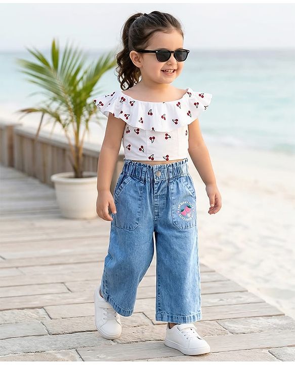 Babyhug Ankle Length Washed Denim Culotte Jeans with Strawberry Print - Blue