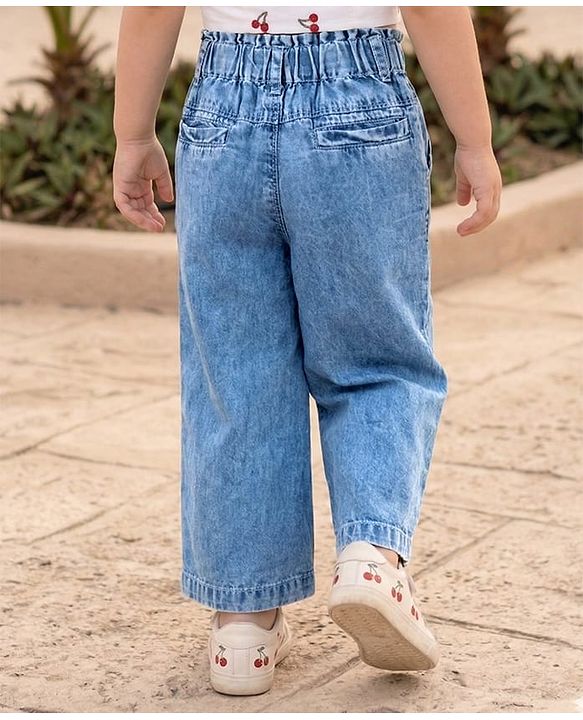 Babyhug Ankle Length Washed Denim Culotte Jeans with Strawberry Print - Blue