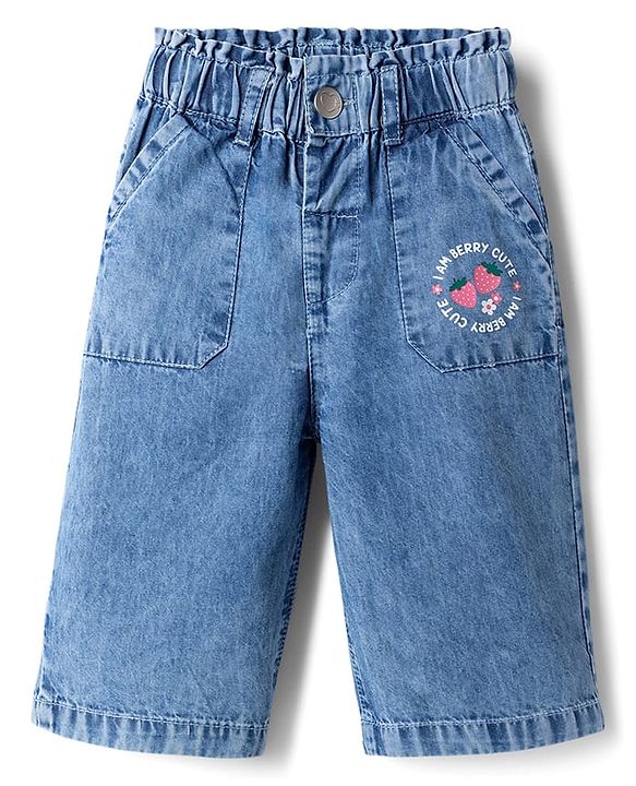 Babyhug Ankle Length Washed Denim Culotte Jeans with Strawberry Print - Blue