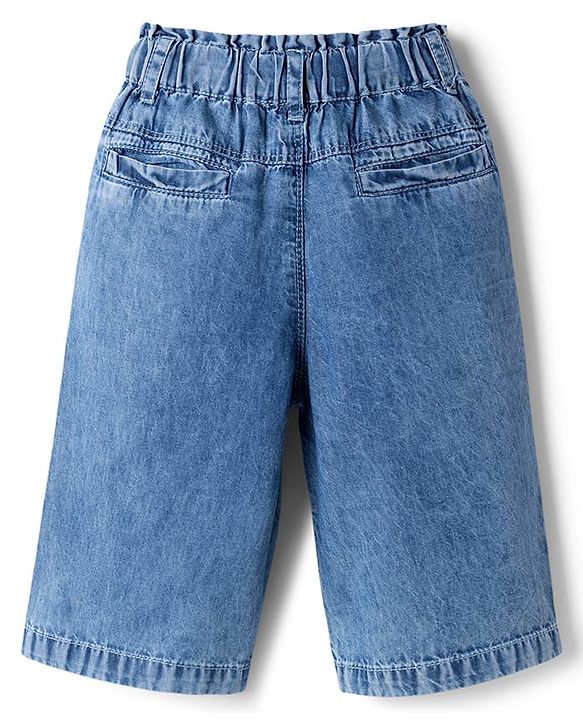 Babyhug Ankle Length Washed Denim Culotte Jeans with Strawberry Print - Blue
