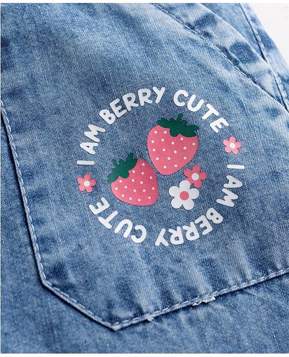 Babyhug Ankle Length Washed Denim Culotte Jeans with Strawberry Print - Blue