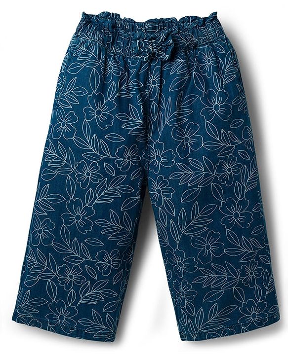 Babyhug Ankle Length Washed Denim Capri With Floral Print - Blue
