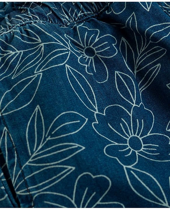 Babyhug Ankle Length Washed Denim Capri With Floral Print - Blue