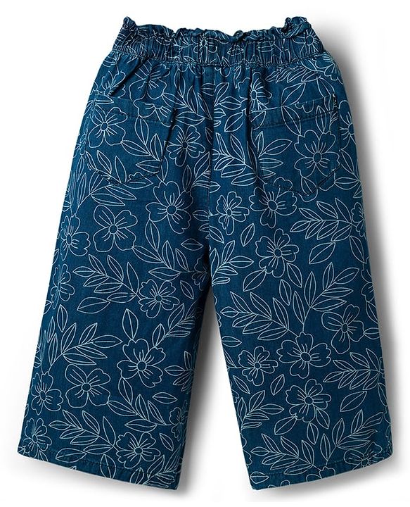 Babyhug Ankle Length Washed Denim Capri With Floral Print - Blue
