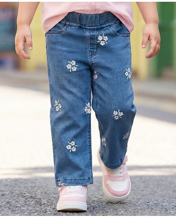 Babyhug Full Length Washed Denim Jeans With Floral Embroidery & Stretch - Navy Blue