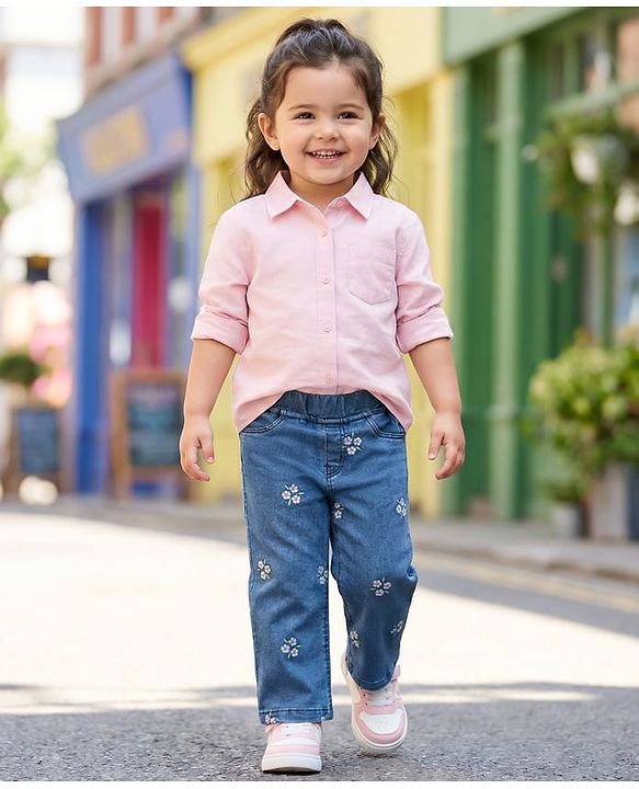 Babyhug Full Length Washed Denim Jeans With Floral Embroidery & Stretch - Navy Blue