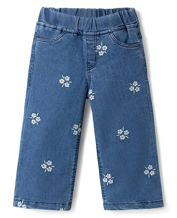 Babyhug Full Length Washed Denim Jeans With Floral Embroidery & Stretch - Navy Blue