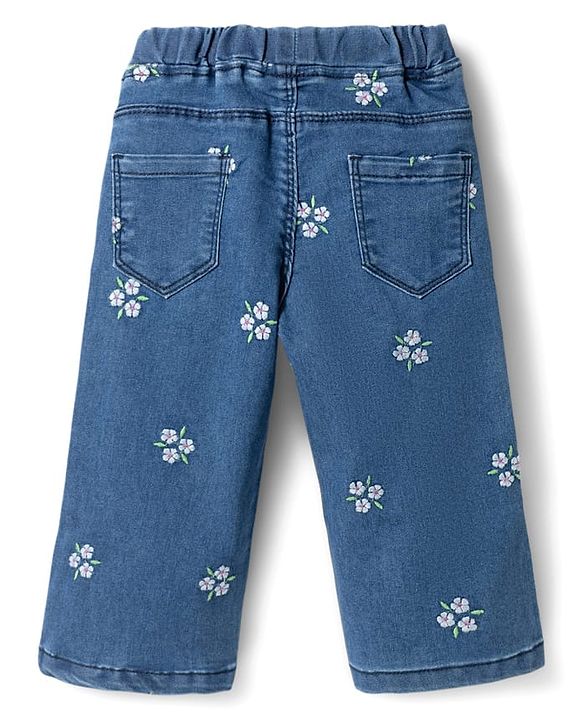 Babyhug Full Length Washed Denim Jeans With Floral Embroidery & Stretch - Navy Blue