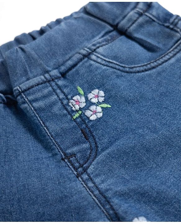 Babyhug Full Length Washed Denim Jeans With Floral Embroidery & Stretch - Navy Blue