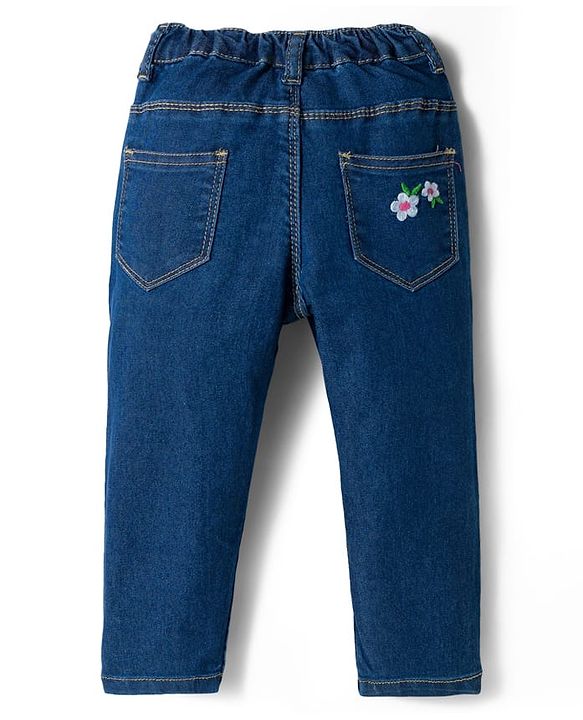 Babyhug Full Length Denim Jeans with Stretch & Floral Embroidery - Navy Blue