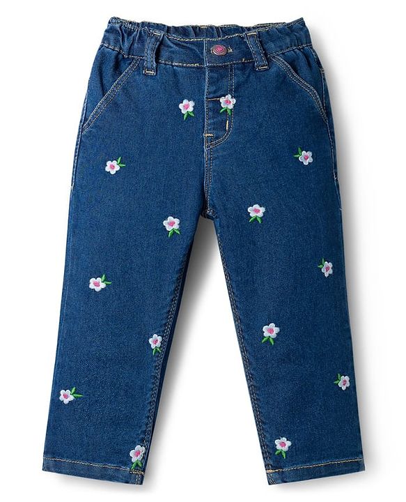 Babyhug Full Length Denim Jeans with Stretch & Floral Embroidery - Navy Blue
