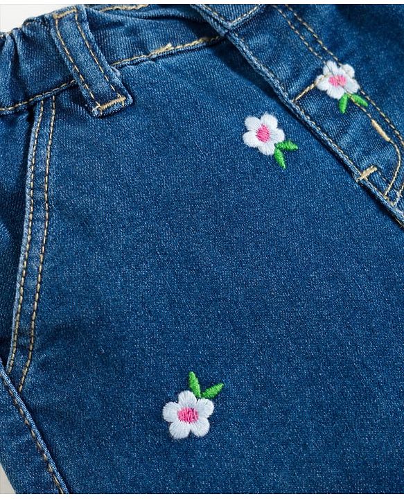 Babyhug Full Length Denim Jeans with Stretch & Floral Embroidery - Navy Blue
