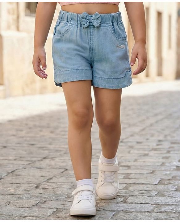 Babyhug Mid Thigh Washed Denim Shorts With Pretty Embroidery & Bow Applique - Blue