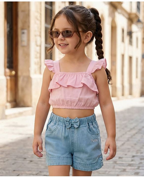 Babyhug Mid Thigh Washed Denim Shorts With Pretty Embroidery & Bow Applique - Blue