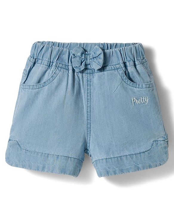 Babyhug Mid Thigh Washed Denim Shorts With Pretty Embroidery & Bow Applique - Blue