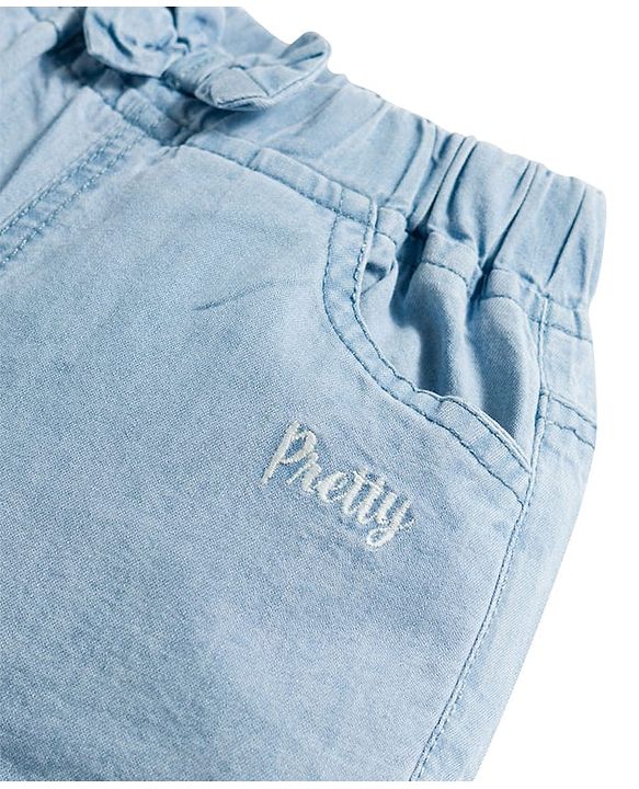 Babyhug Mid Thigh Washed Denim Shorts With Pretty Embroidery & Bow Applique - Blue