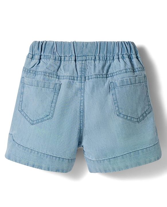 Babyhug Mid Thigh Washed Denim Shorts With Pretty Embroidery & Bow Applique - Blue