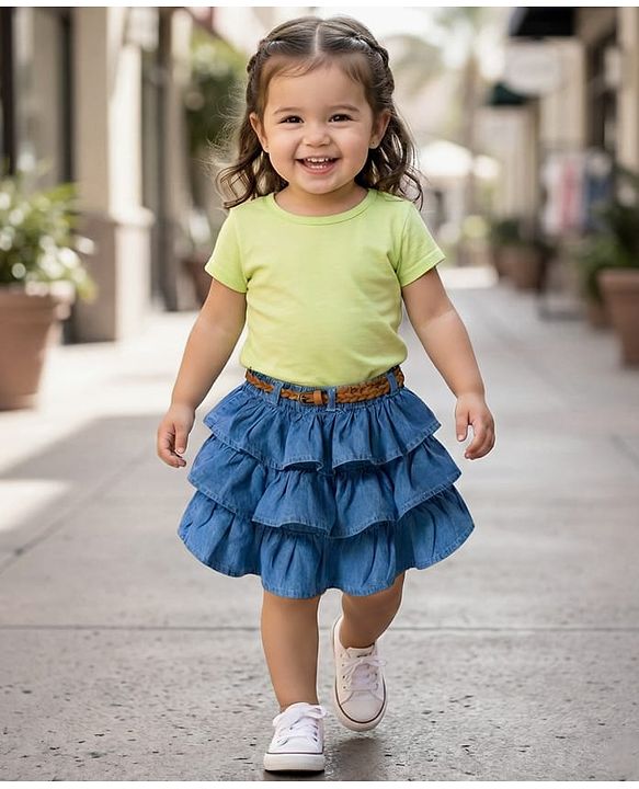 Babyhug Denim Cotton Mid Thigh Length Layered Solid Skirt with Belt - Blue