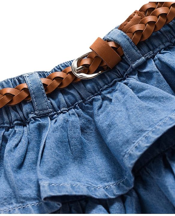 Babyhug Denim Cotton Mid Thigh Length Layered Solid Skirt with Belt - Blue