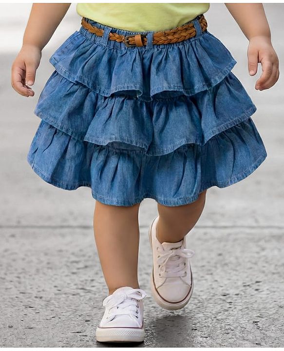 Babyhug Denim Cotton Mid Thigh Length Layered Solid Skirt with Belt - Blue