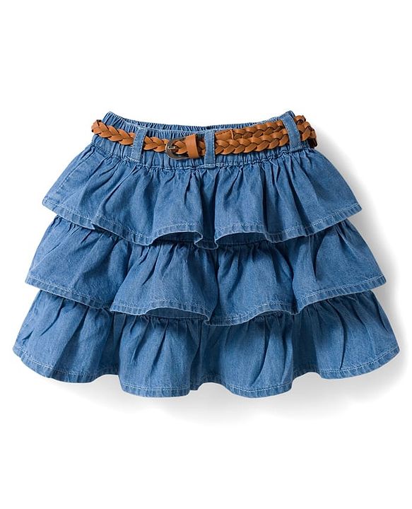 Babyhug Denim Cotton Mid Thigh Length Layered Solid Skirt with Belt - Blue