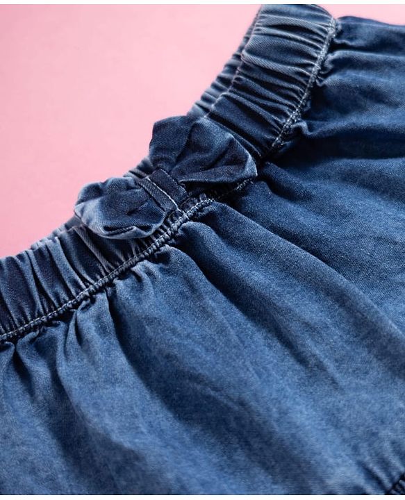 Babyhug Cotton Mid Thigh Length Tiered Denim Skirt with Bow Applique & Lace Detailing - Blue
