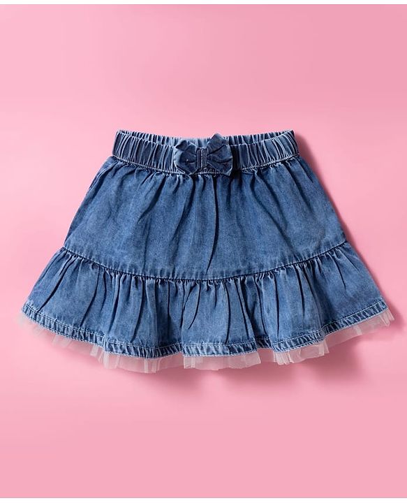 Babyhug Cotton Mid Thigh Length Tiered Denim Skirt with Bow Applique & Lace Detailing - Blue