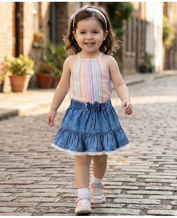 Babyhug Cotton Mid Thigh Length Tiered Denim Skirt with Bow Applique & Lace Detailing - Blue