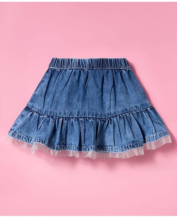 Babyhug Cotton Mid Thigh Length Tiered Denim Skirt with Bow Applique & Lace Detailing - Blue