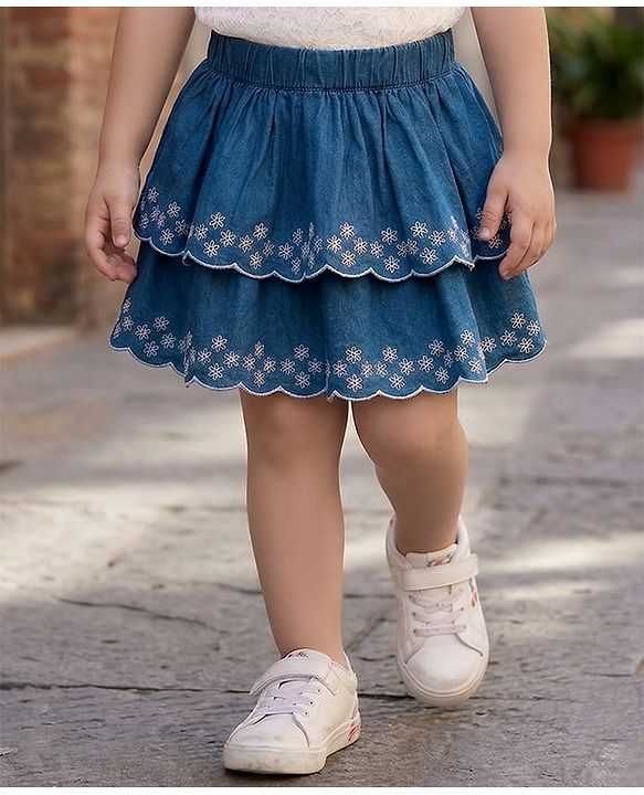 Babyhug Cotton Woven Mid Thigh Length Layered Skirt with Floral Embroidery - Blue