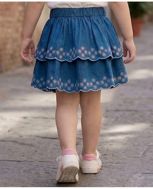 Babyhug Cotton Woven Mid Thigh Length Layered Skirt with Floral Embroidery - Blue