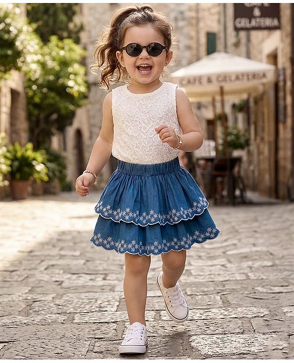 Babyhug Cotton Woven Mid Thigh Length Layered Skirt with Floral Embroidery - Blue