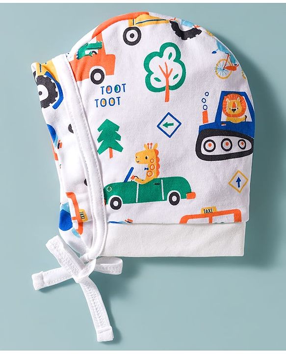 Babyhug 100% Cotton Interlock Knit Cap Mittens & Booties Set With Vehicle Print White - Diameter 14 cm