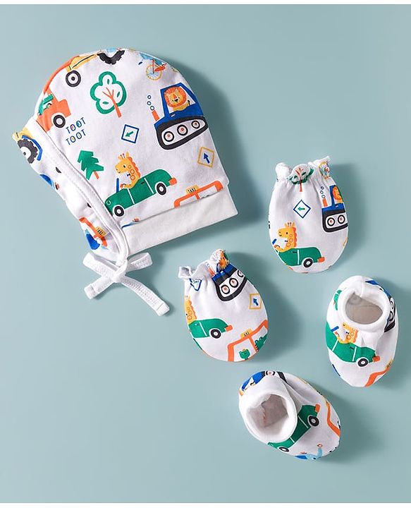 Babyhug 100% Cotton Interlock Knit Cap Mittens & Booties Set With Vehicle Print White - Diameter 14 cm