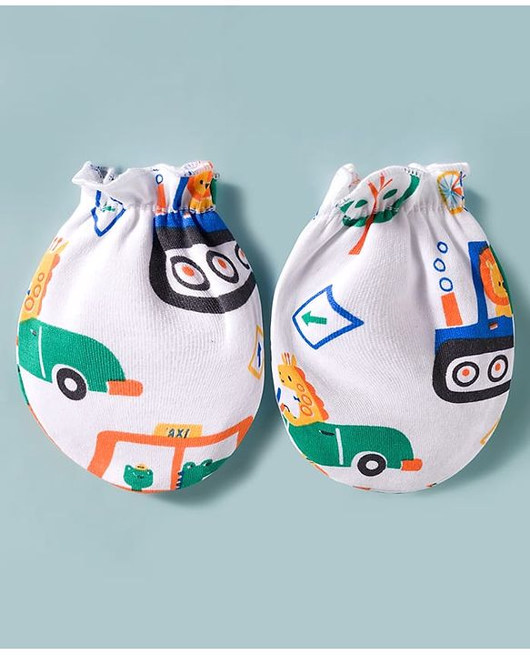 Babyhug 100% Cotton Interlock Knit Cap Mittens & Booties Set With Vehicle Print White - Diameter 14 cm