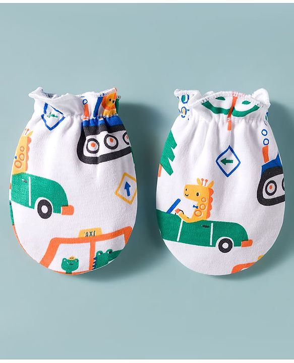 Babyhug 100% Cotton Interlock Knit Cap Mittens & Booties Set With Vehicle Print White - Diameter 14 cm