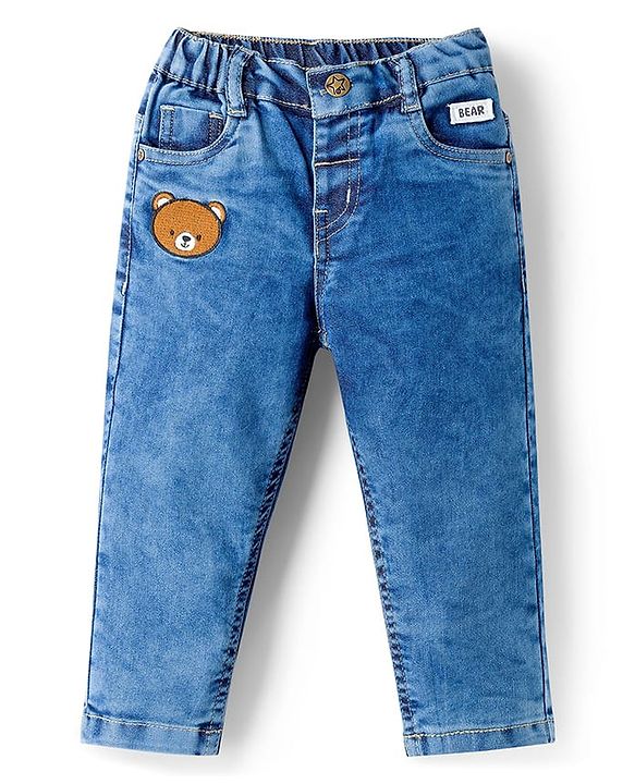 Babyhug Full Length Denim Jeans with Stretch & Bear Embroidery - Blue