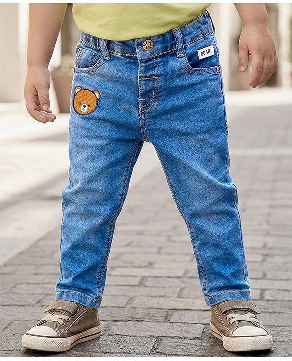 Babyhug Full Length Denim Jeans with Stretch & Bear Embroidery - Blue