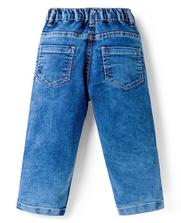 Babyhug Full Length Denim Jeans with Stretch & Bear Embroidery - Blue