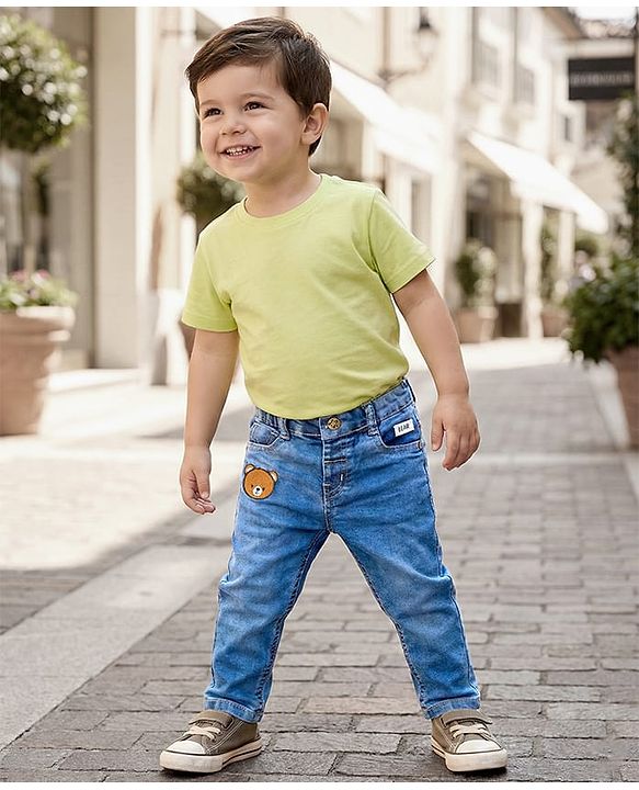 Babyhug Full Length Denim Jeans with Stretch & Bear Embroidery - Blue