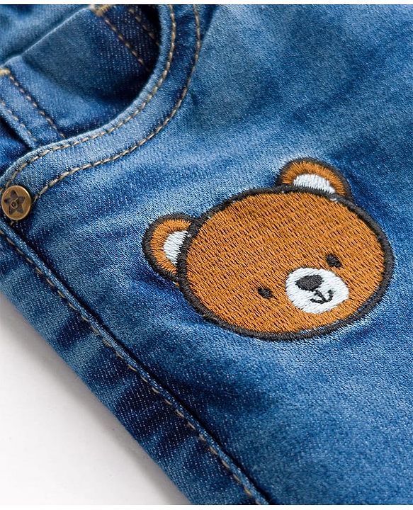 Babyhug Full Length Denim Jeans with Stretch & Bear Embroidery - Blue