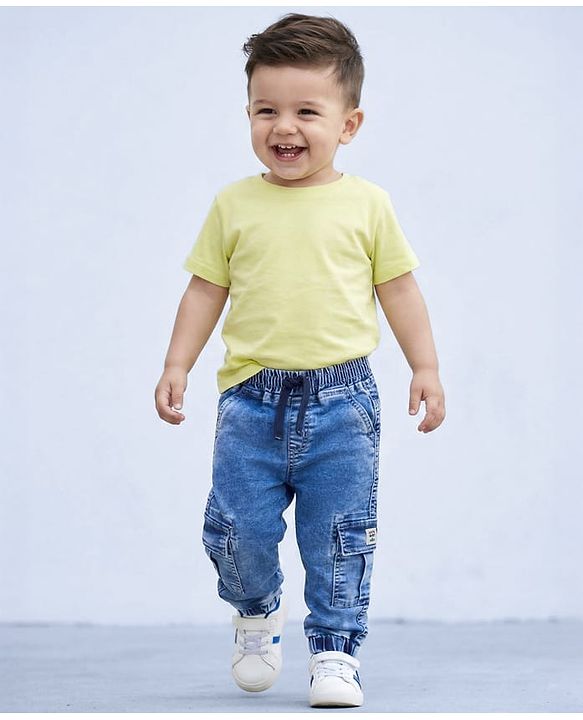 Babyhug Denim Full Length Washed Jeans With Stretch - Blue