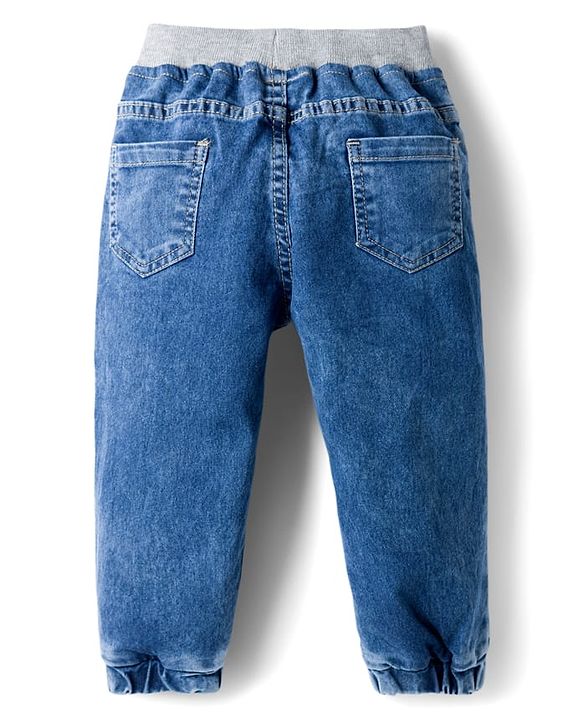 Babyhug Full Length Denim Jogger with Stretch & Bird Embroidery - Blue