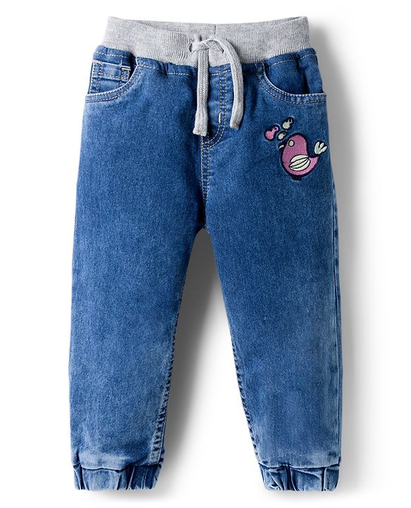Babyhug Full Length Denim Jogger with Stretch & Bird Embroidery - Blue