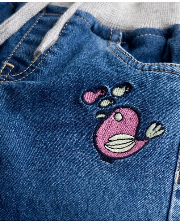 Babyhug Full Length Denim Jogger with Stretch & Bird Embroidery - Blue