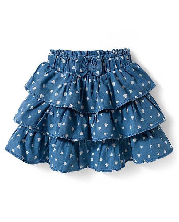 Babyhug Denim Mid Thigh Skirts With Heart Print - Blue