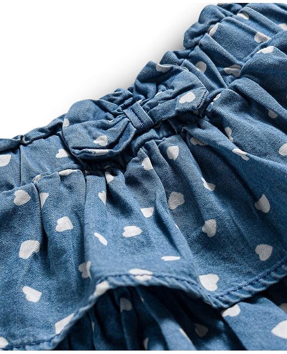 Babyhug Denim Mid Thigh Skirts With Heart Print - Blue