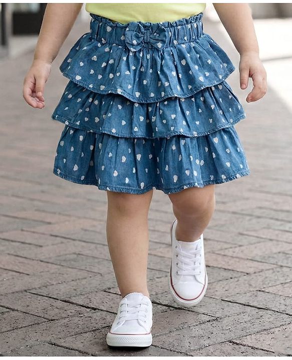 Babyhug Denim Mid Thigh Skirts With Heart Print - Blue